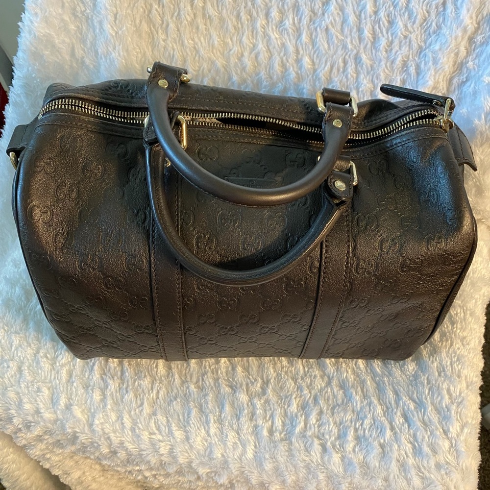 Authentic Gucci Chocolate Leather GG Boston Bag 265697 Guccissima